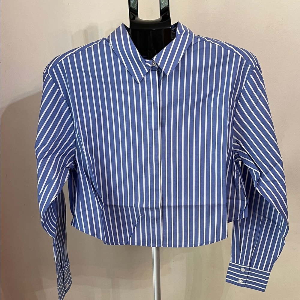 NWT The Drop Women's Isadora Cropped Poplin Shirt in Blue/White